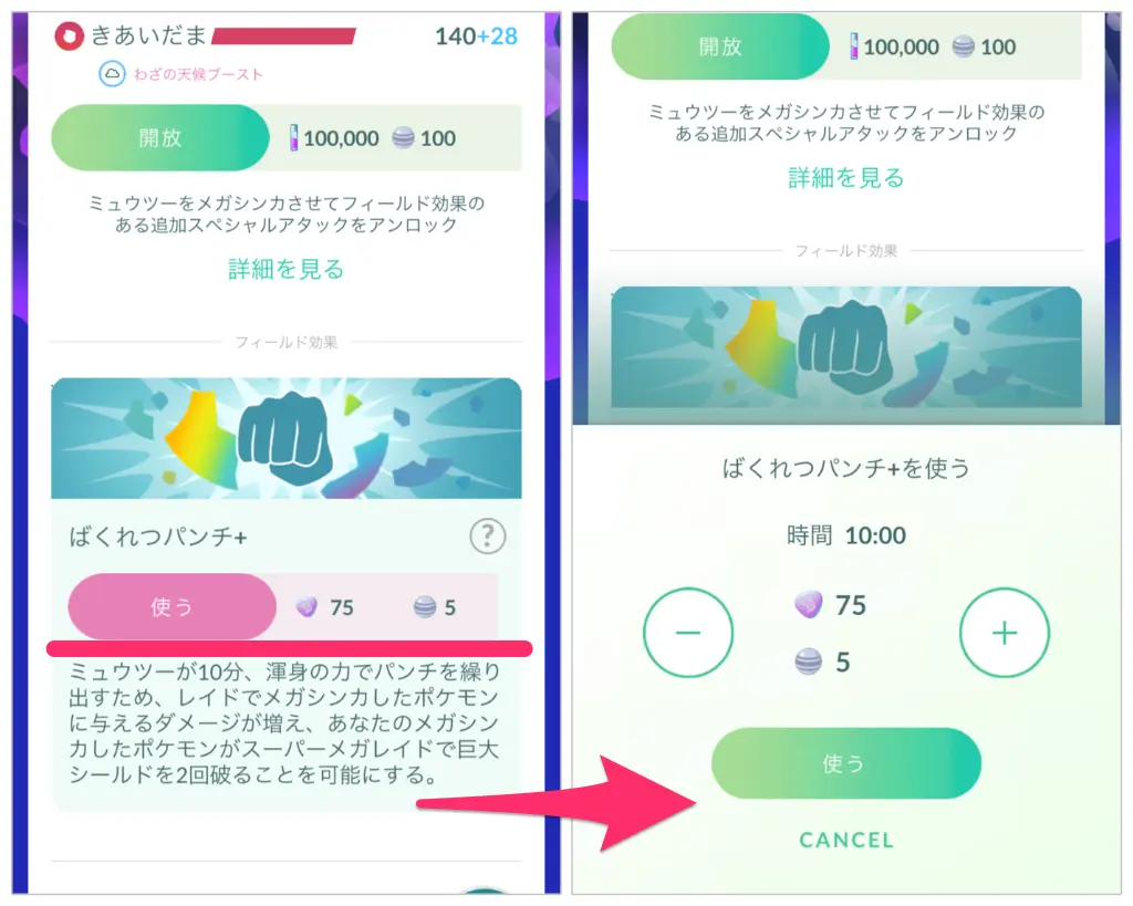 ミュウツーの使うボタンでばくれつパンチプラスを使用